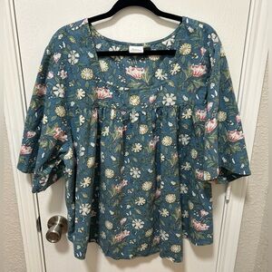 The Vermont Country Store Sunflower Floral Square Neck Blouse 100% Cotton Sz 2X